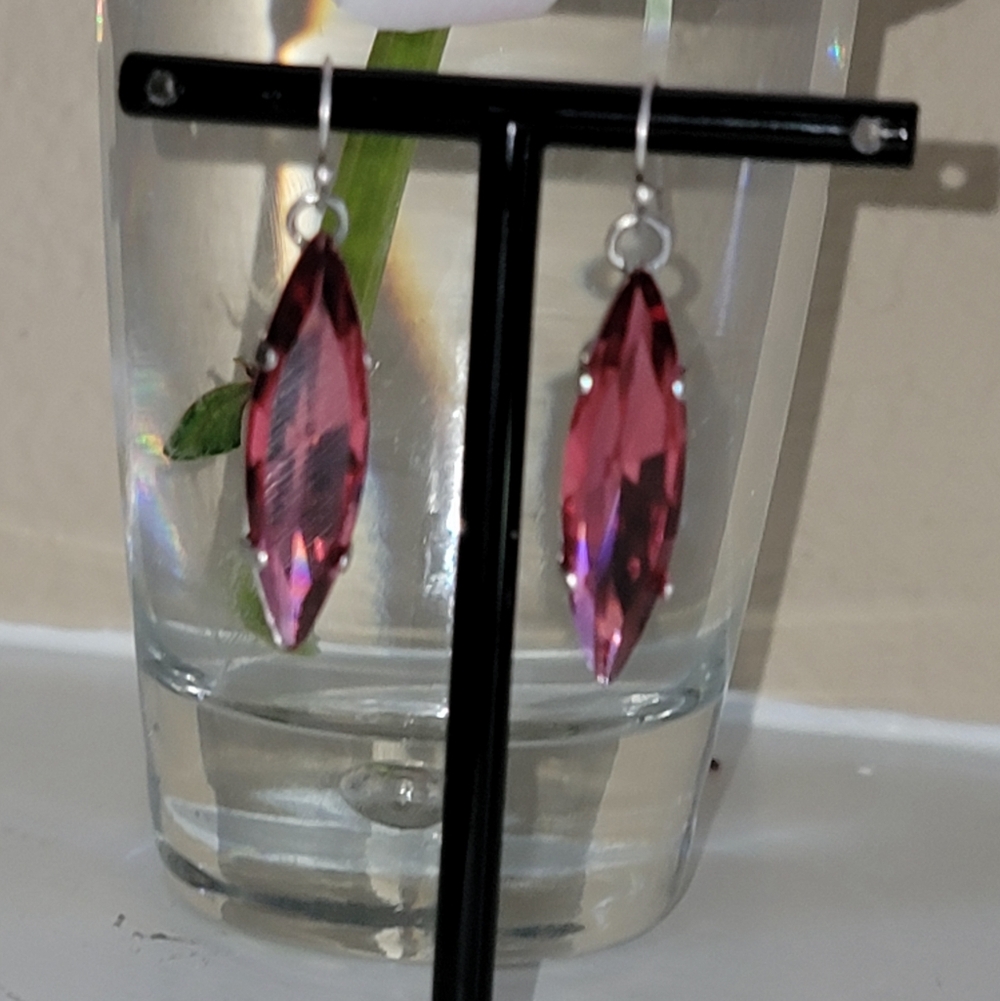 Light Fucia "Swaroski Crystal" Drop Navette Earrings.  "Rare Size"